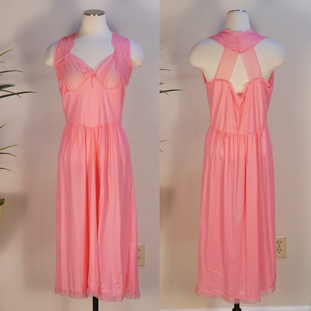 Vintage 60s bubblegum pink semi sheer lace midi nightgown dress 40